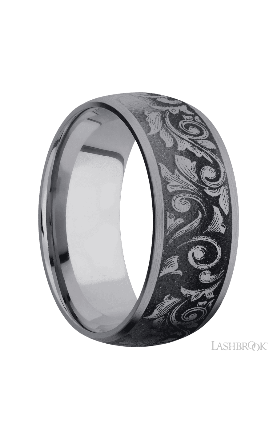 9 mm wide/Domed/Tantalum band with a laser carved Western Scroll pattern.
