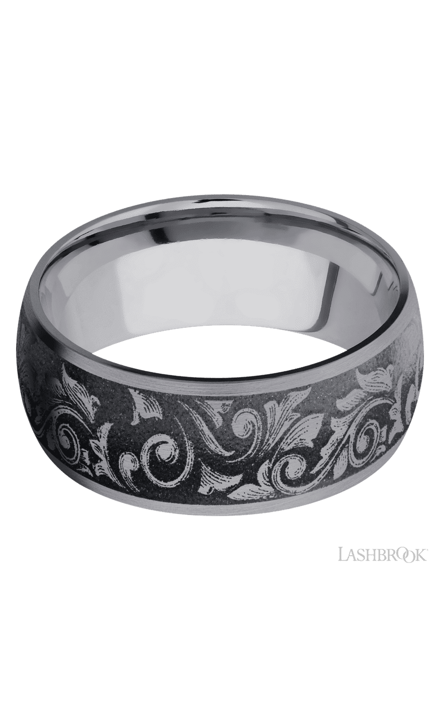 9 mm wide/Domed/Tantalum band with a laser carved Western Scroll pattern.