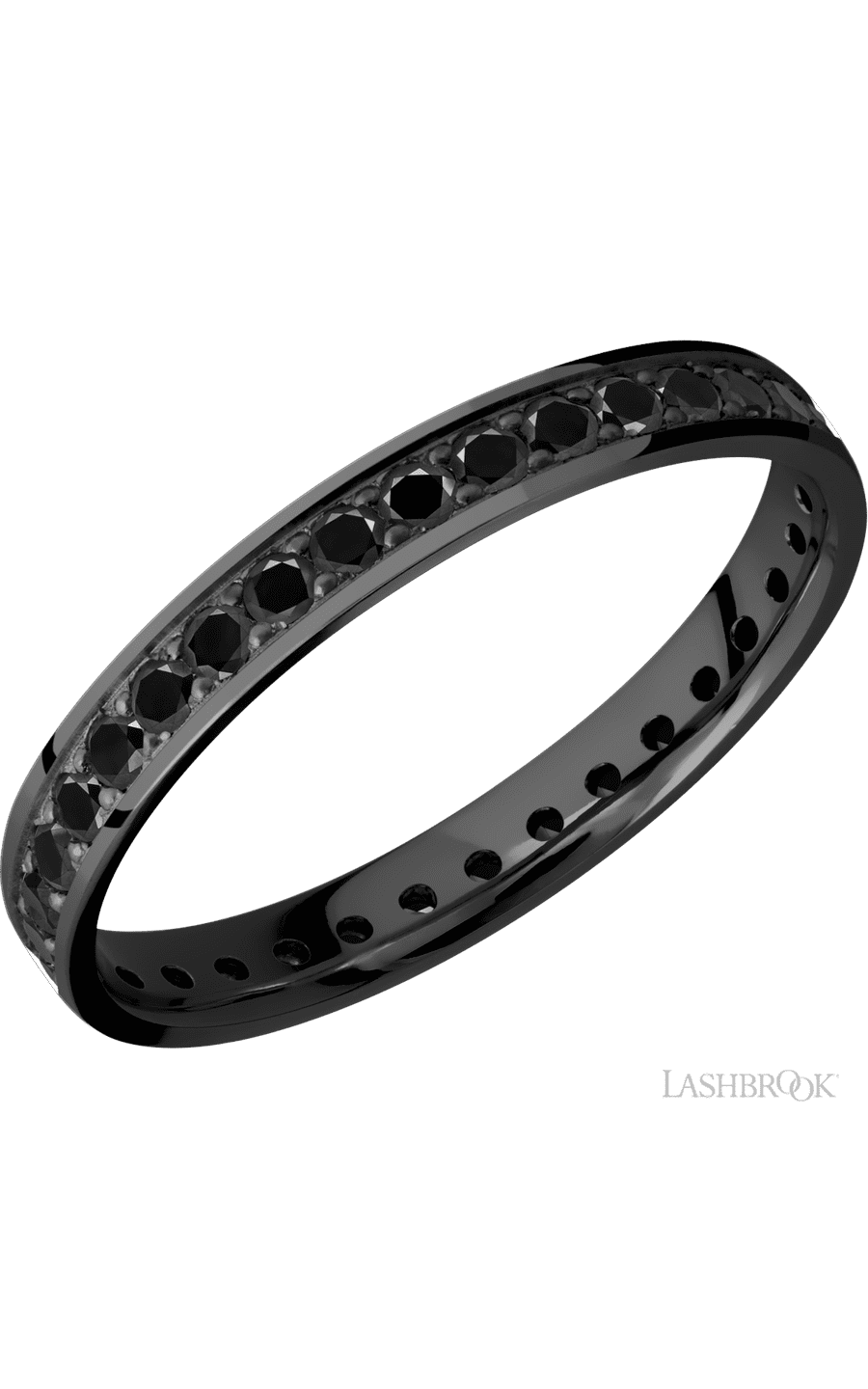 3 mm wide/Flat/Zirconium band with an Eternity arrangement of .03 carat Round Black Diamond stones in a Bead setting.