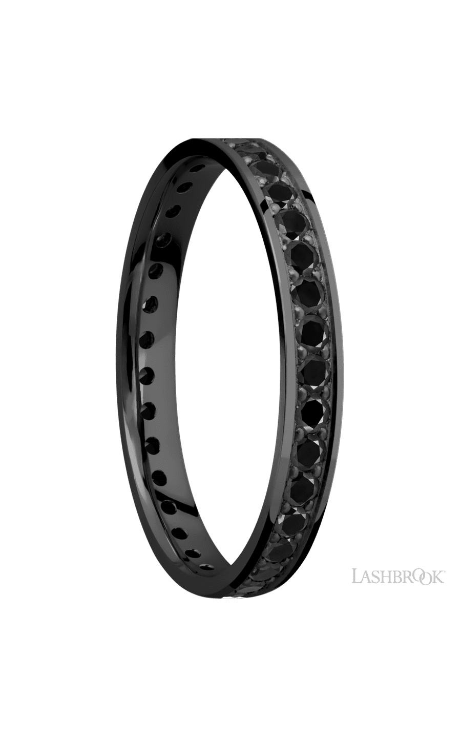 3 mm wide/Flat/Zirconium band with an Eternity arrangement of .03 carat Round Black Diamond stones in a Bead setting.