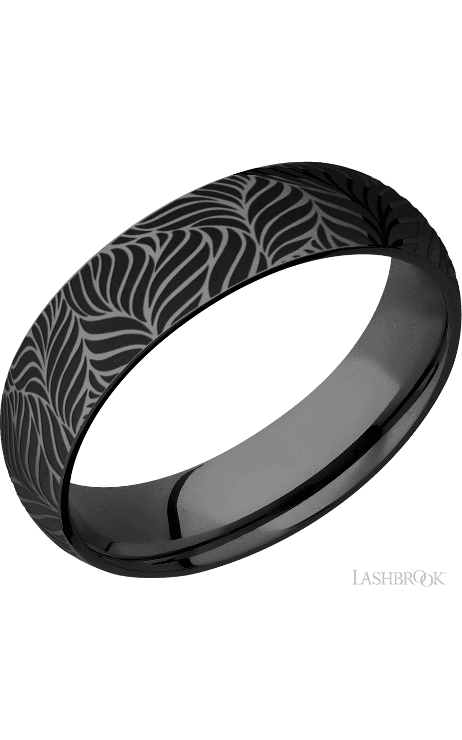 6 mm wide/Domed/Zirconium band with a laser carved Twisted Leaf pattern.