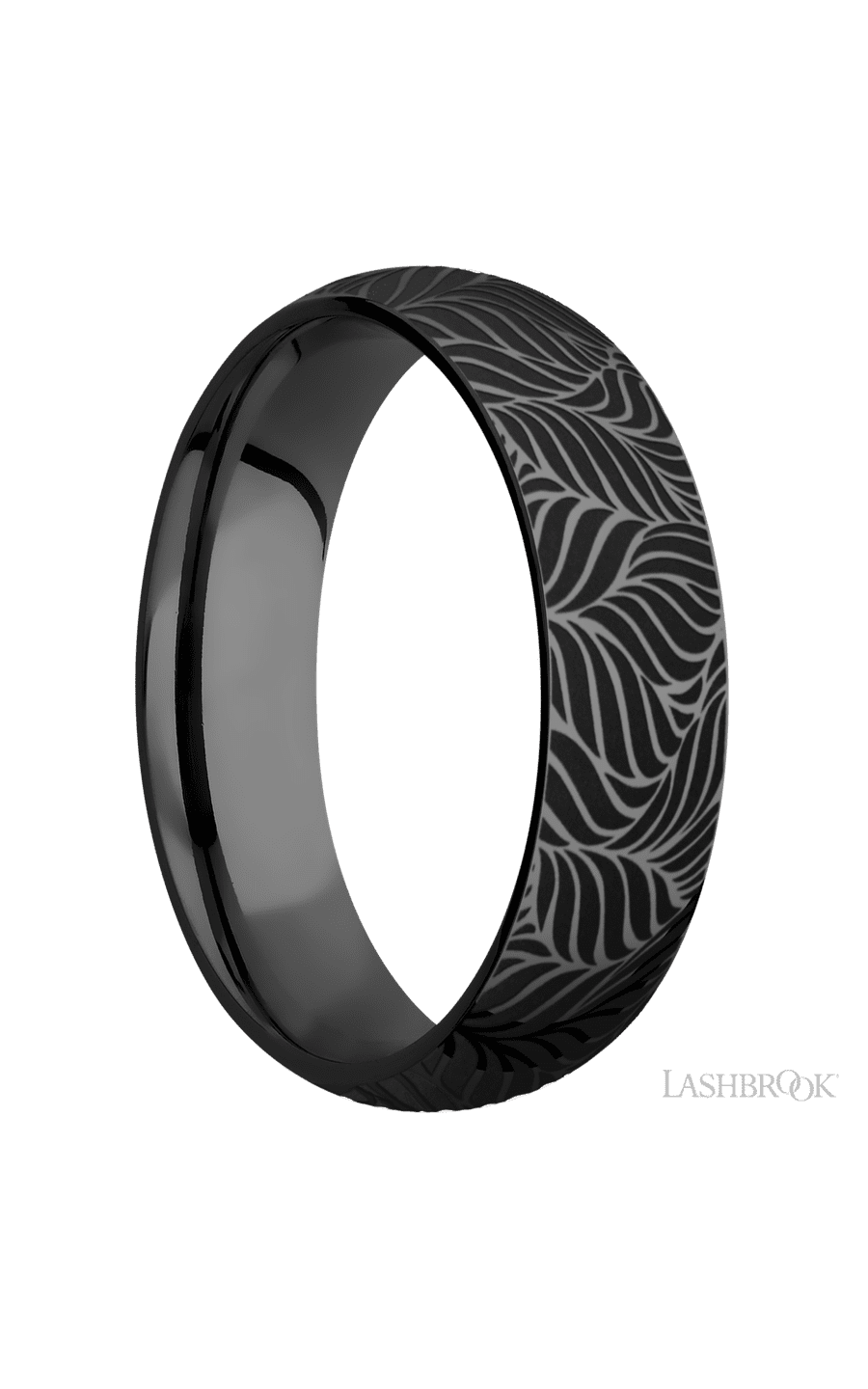 6 mm wide/Domed/Zirconium band with a laser carved Twisted Leaf pattern.
