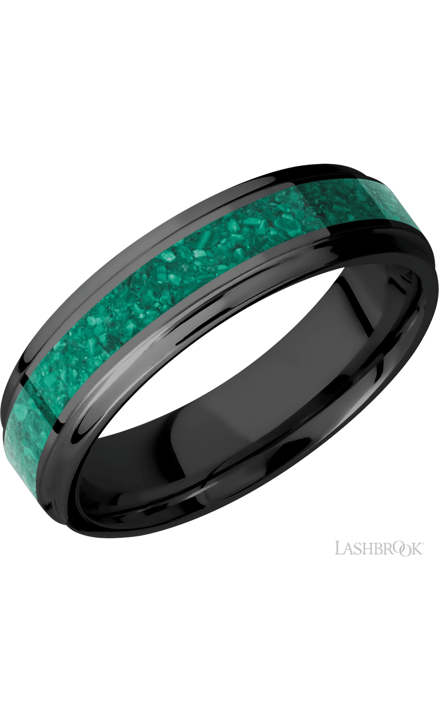 6 mm wide/Flat Grooved Edges/Zirconium band with one 3 mm Centered inlay of Malachite.