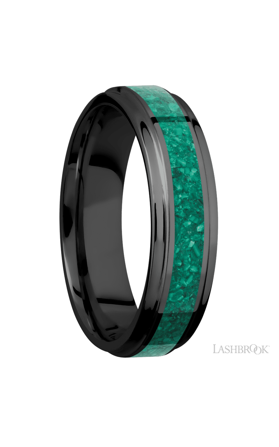 6 mm wide/Flat Grooved Edges/Zirconium band with one 3 mm Centered inlay of Malachite.