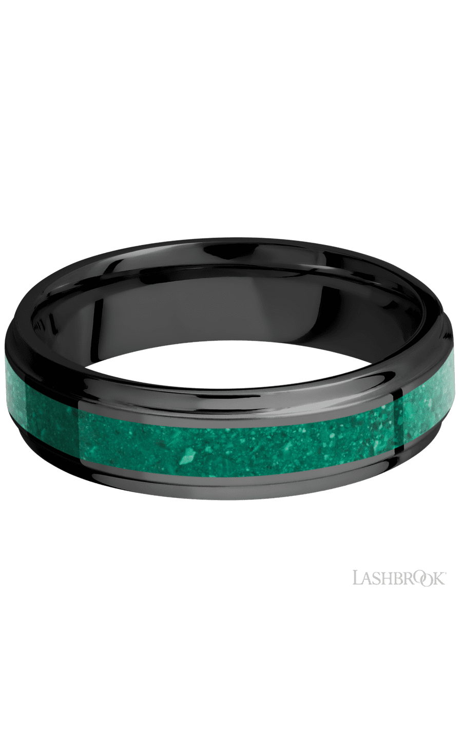 6 mm wide/Flat Grooved Edges/Zirconium band with one 3 mm Centered inlay of Malachite.