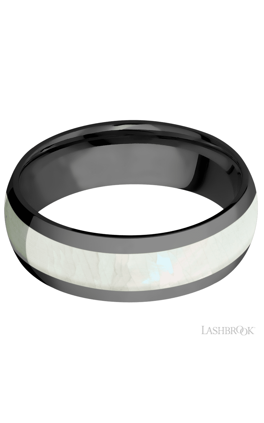 7 mm wide/Domed/Zirconium band with one 4 mm Centered inlay of Freshwater Mother of Pearl.