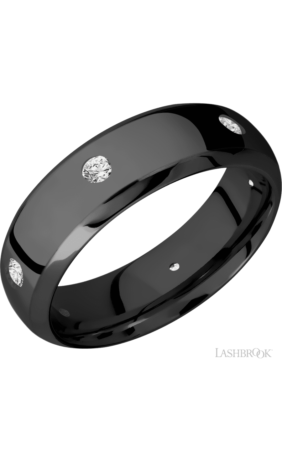 7 mm wide/Domed Bevel/Zirconium band with a 6X Even arrangement of .07 carat Round Diamond stones in a Flush setting.