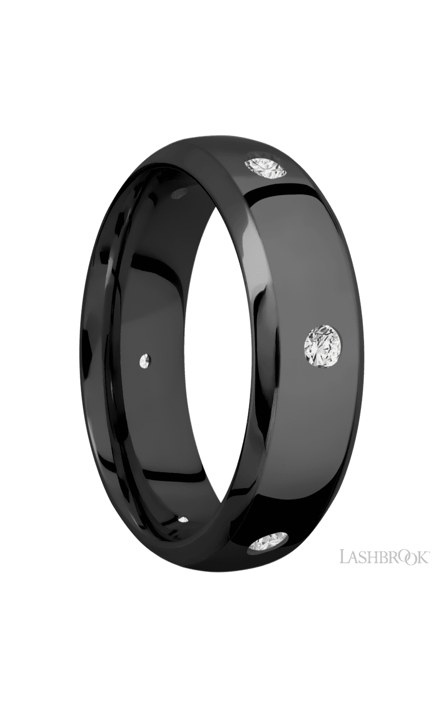 7 mm wide/Domed Bevel/Zirconium band with a 6X Even arrangement of .07 carat Round Diamond stones in a Flush setting.