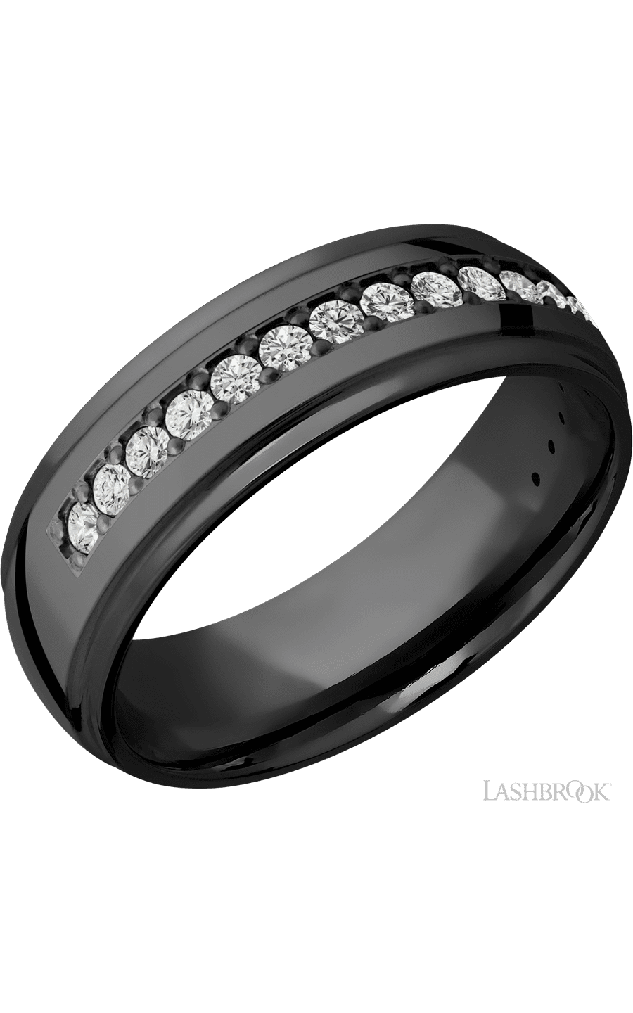 7 mm wide/Domed Stepped Down Edges/Zirconium band with a Half Eternity arrangement of .03 carat Round Diamond stones in a Bead setting.