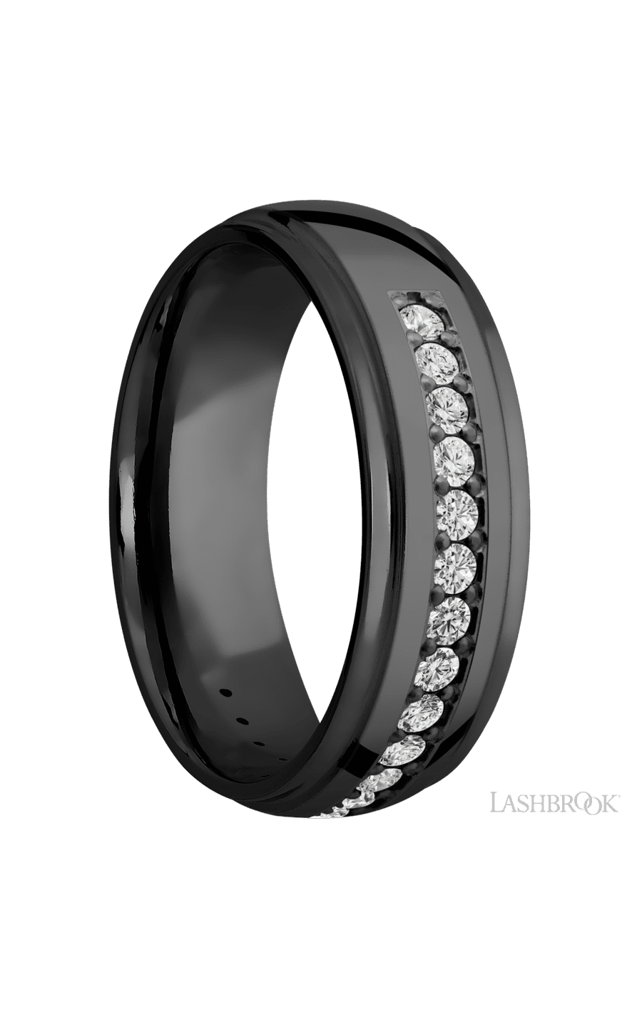 7 mm wide/Domed Stepped Down Edges/Zirconium band with a Half Eternity arrangement of .03 carat Round Diamond stones in a Bead setting.
