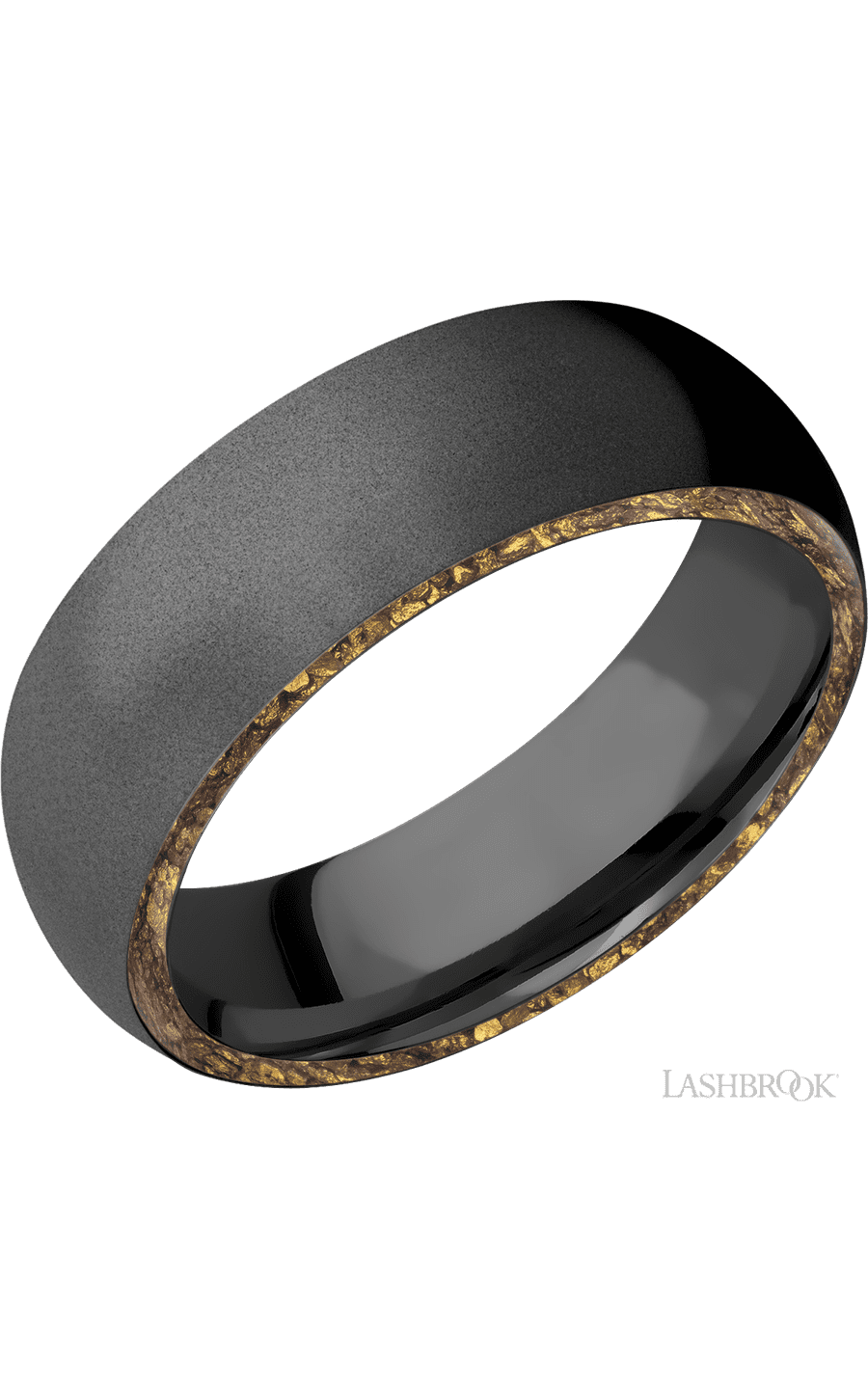 7 mm wide/Domed/Zirconium band with two 1 mm Side inlays of Alaskan Gold Nugget.