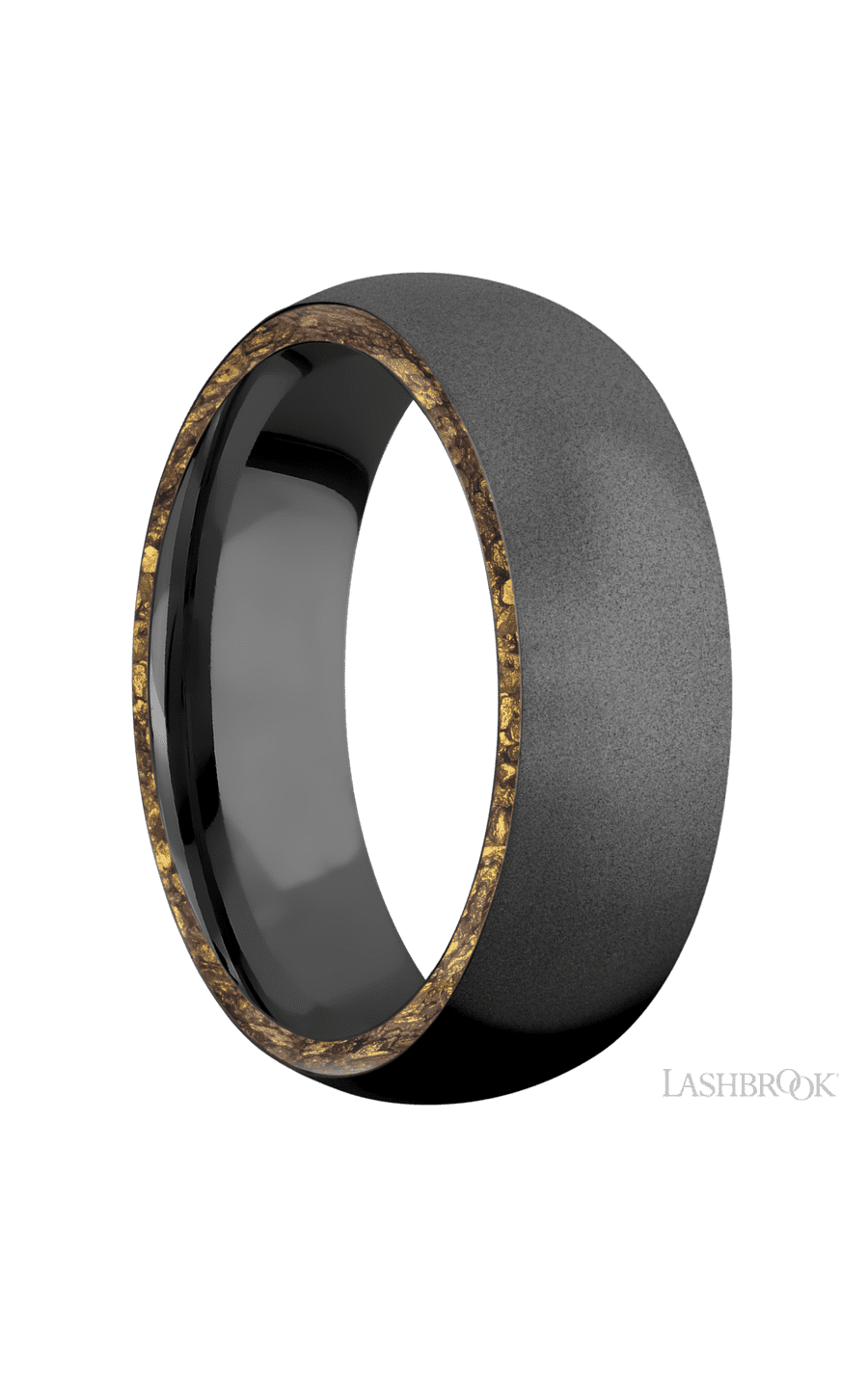 7 mm wide/Domed/Zirconium band with two 1 mm Side inlays of Alaskan Gold Nugget.