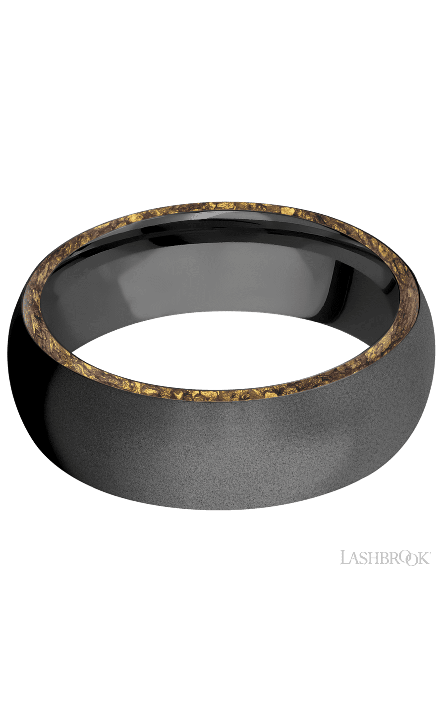 7 mm wide/Domed/Zirconium band with two 1 mm Side inlays of Alaskan Gold Nugget.