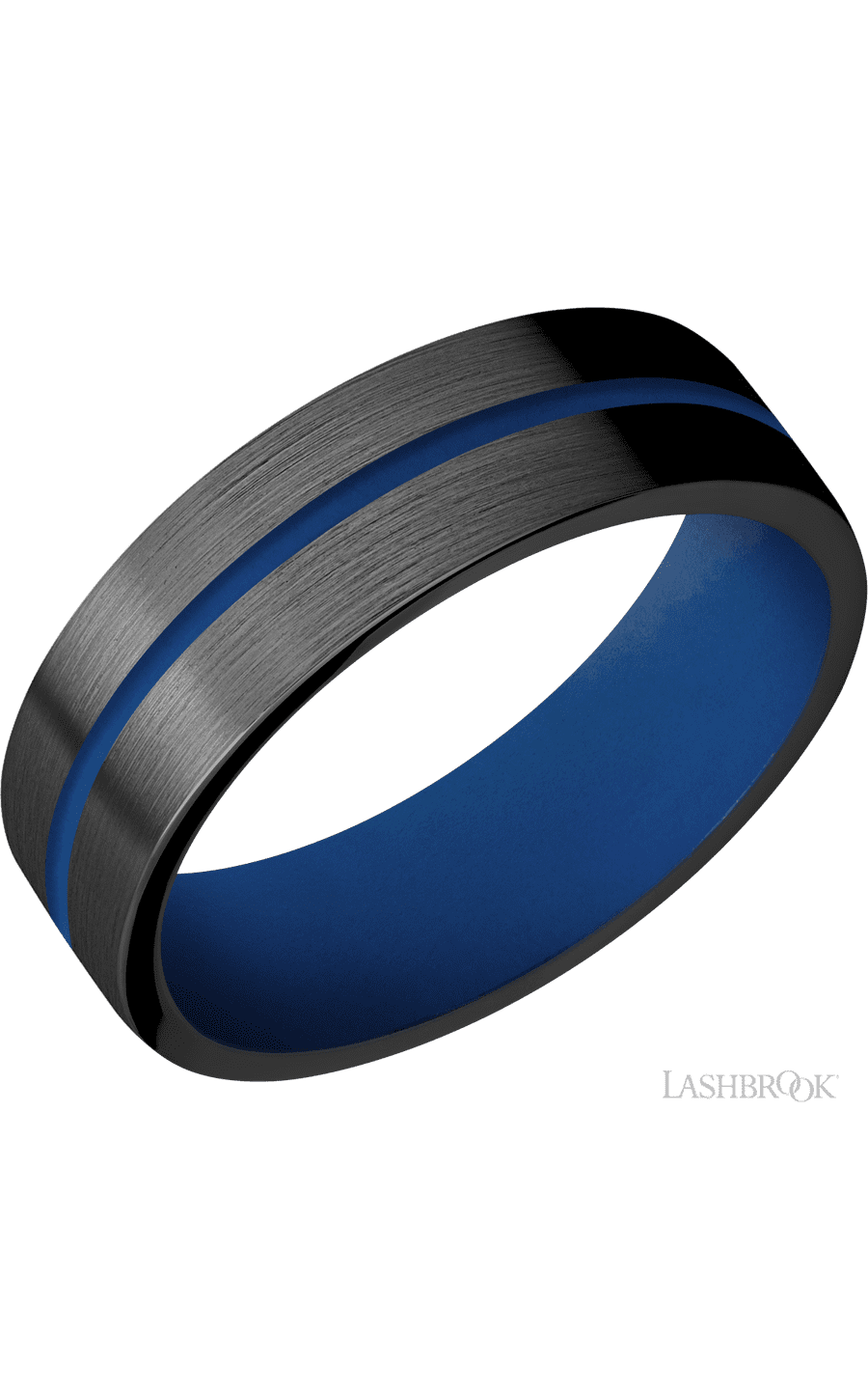 7 mm wide/Flat/Zirconium band with one 1 mm Centered inlay of Royal Blue also featuring a Royal Blue sleeve.