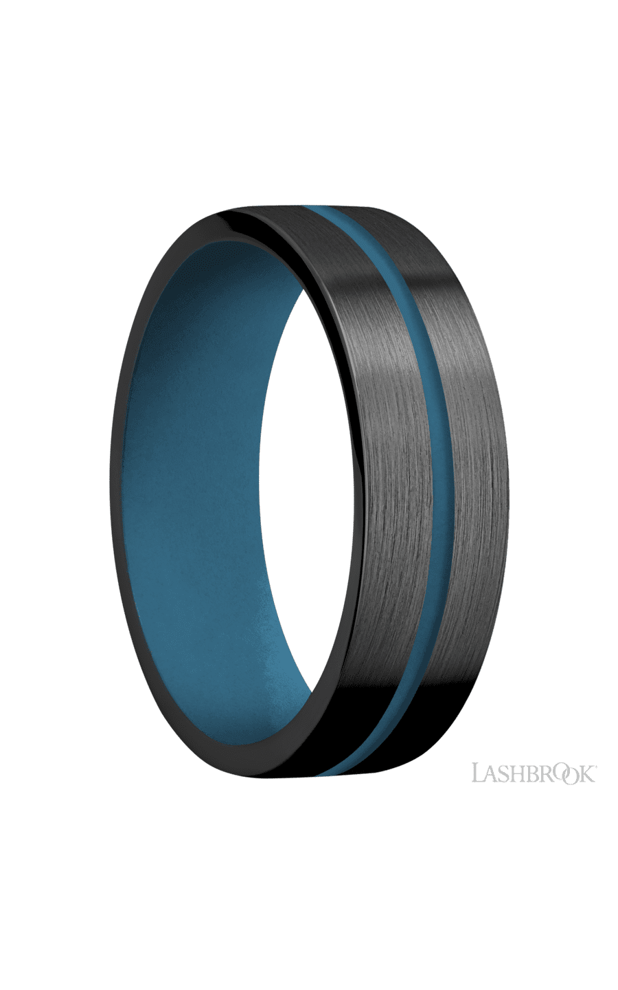 7 mm wide/Flat/Zirconium band with one 1 mm Centered inlay of Royal Blue also featuring a Royal Blue sleeve.