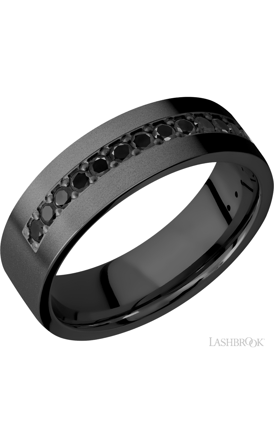 7 mm wide/Flat/Zirconium band with a Half Eternity arrangement of .03 carat Round Black Diamond stones in a Bead setting.
