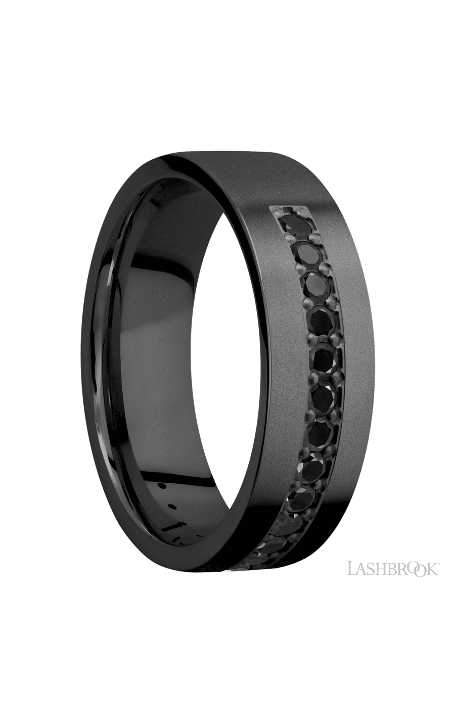 7 mm wide/Flat/Zirconium band with a Half Eternity arrangement of .03 carat Round Black Diamond stones in a Bead setting.