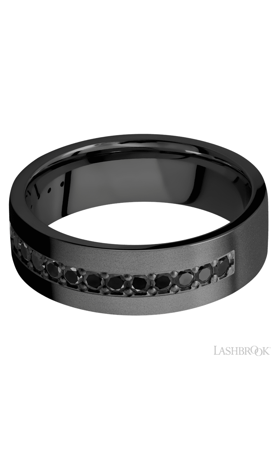 7 mm wide/Flat/Zirconium band with a Half Eternity arrangement of .03 carat Round Black Diamond stones in a Bead setting.