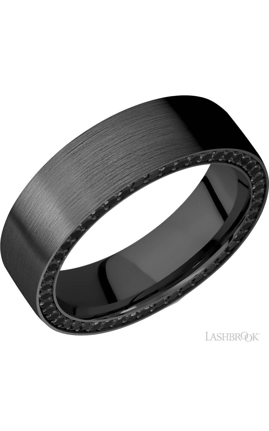 7 mm wide/Flat/Zirconium band with a Side Eternity arrangement of .01 carat Round Black Diamond stones in a Bead setting.