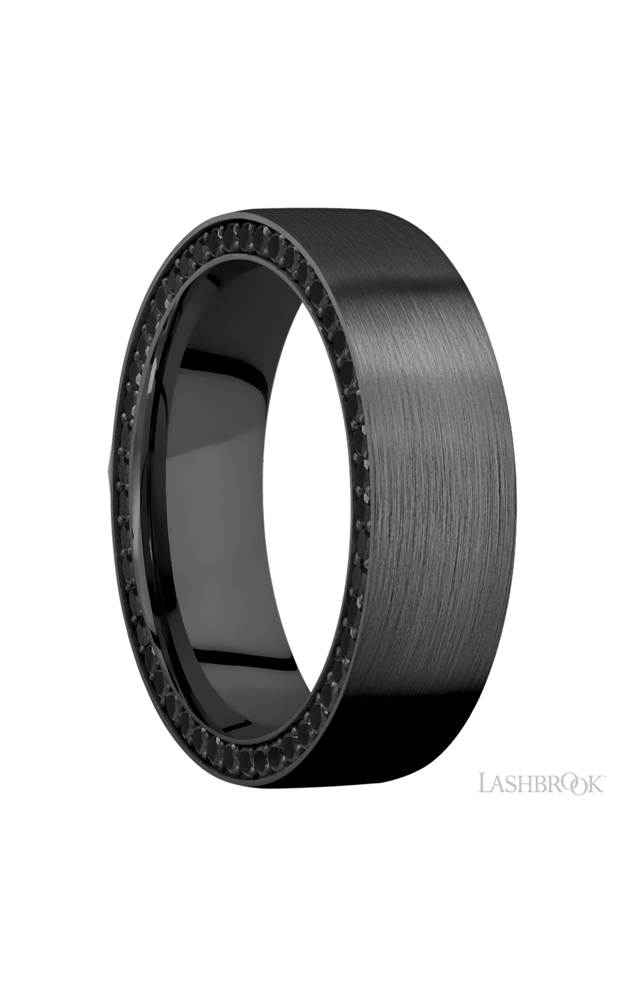 7 mm wide/Flat/Zirconium band with a Side Eternity arrangement of .01 carat Round Black Diamond stones in a Bead setting.