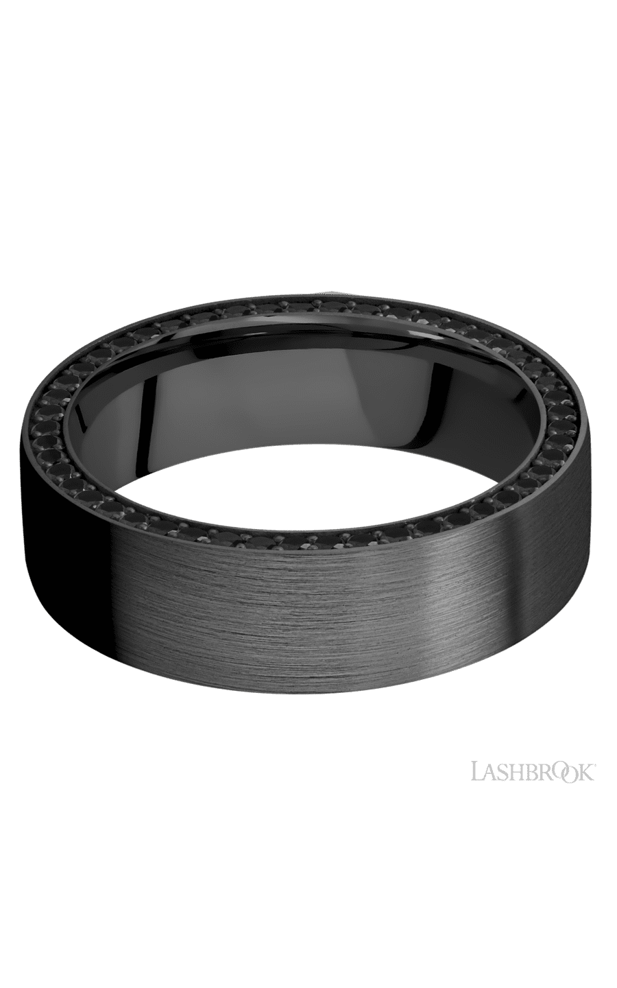 7 mm wide/Flat/Zirconium band with a Side Eternity arrangement of .01 carat Round Black Diamond stones in a Bead setting.