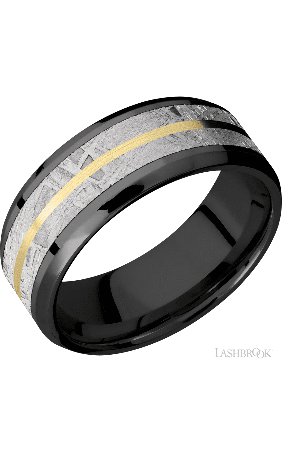 8 mm wide/Beveled/Zirconium band featuring inlays of Meteorite and 14K Yellow Gold.