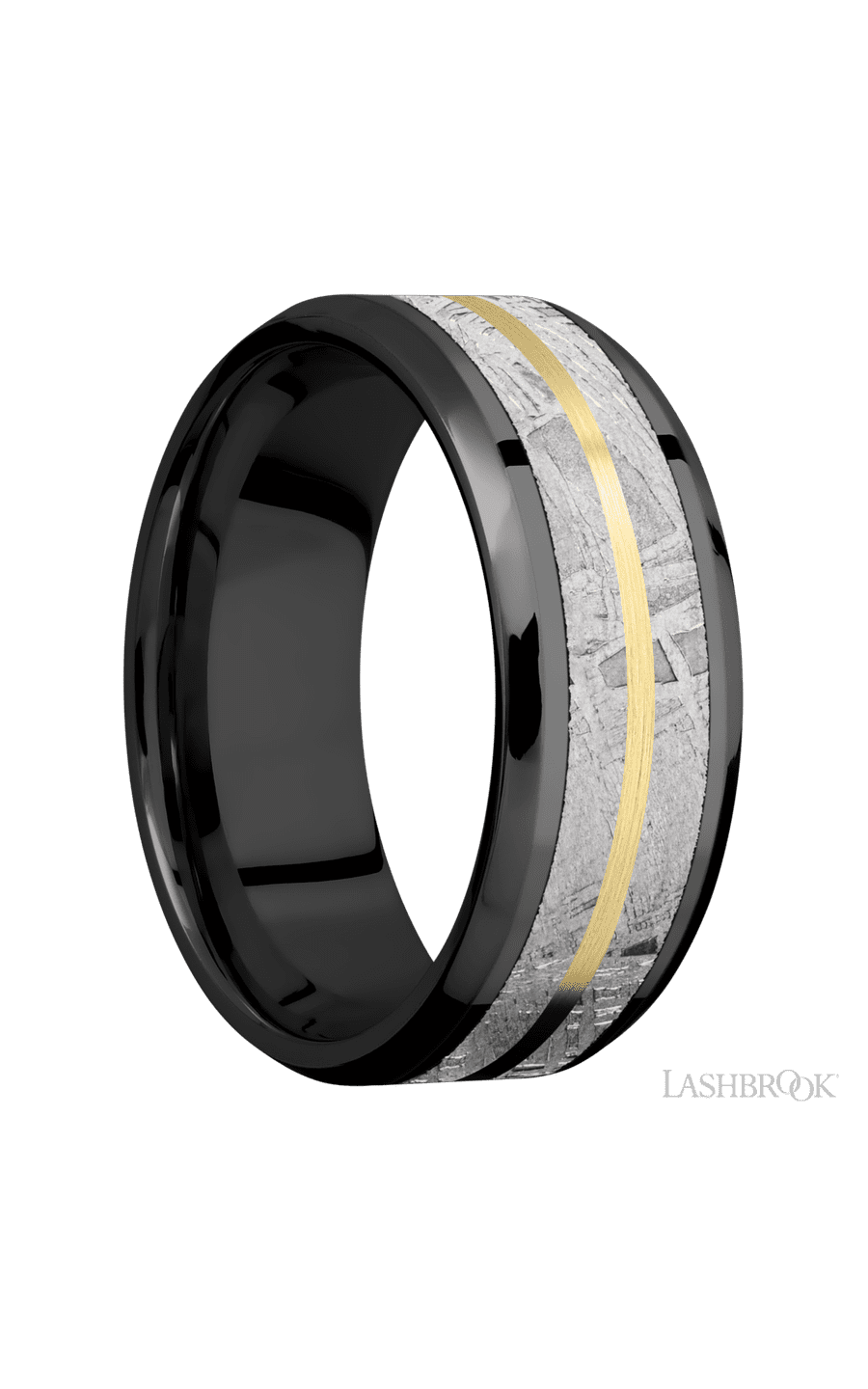 8 mm wide/Beveled/Zirconium band featuring inlays of Meteorite and 14K Yellow Gold.