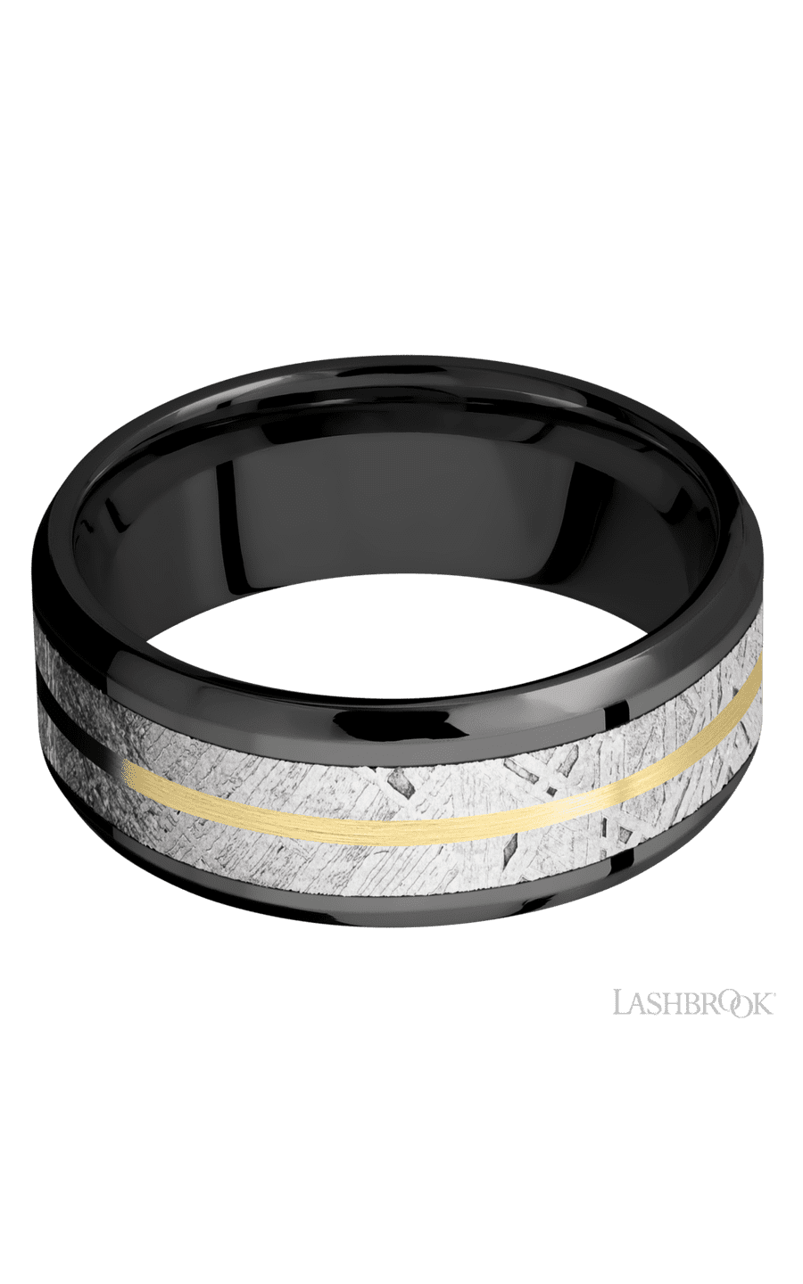 8 mm wide/Beveled/Zirconium band featuring inlays of Meteorite and 14K Yellow Gold.