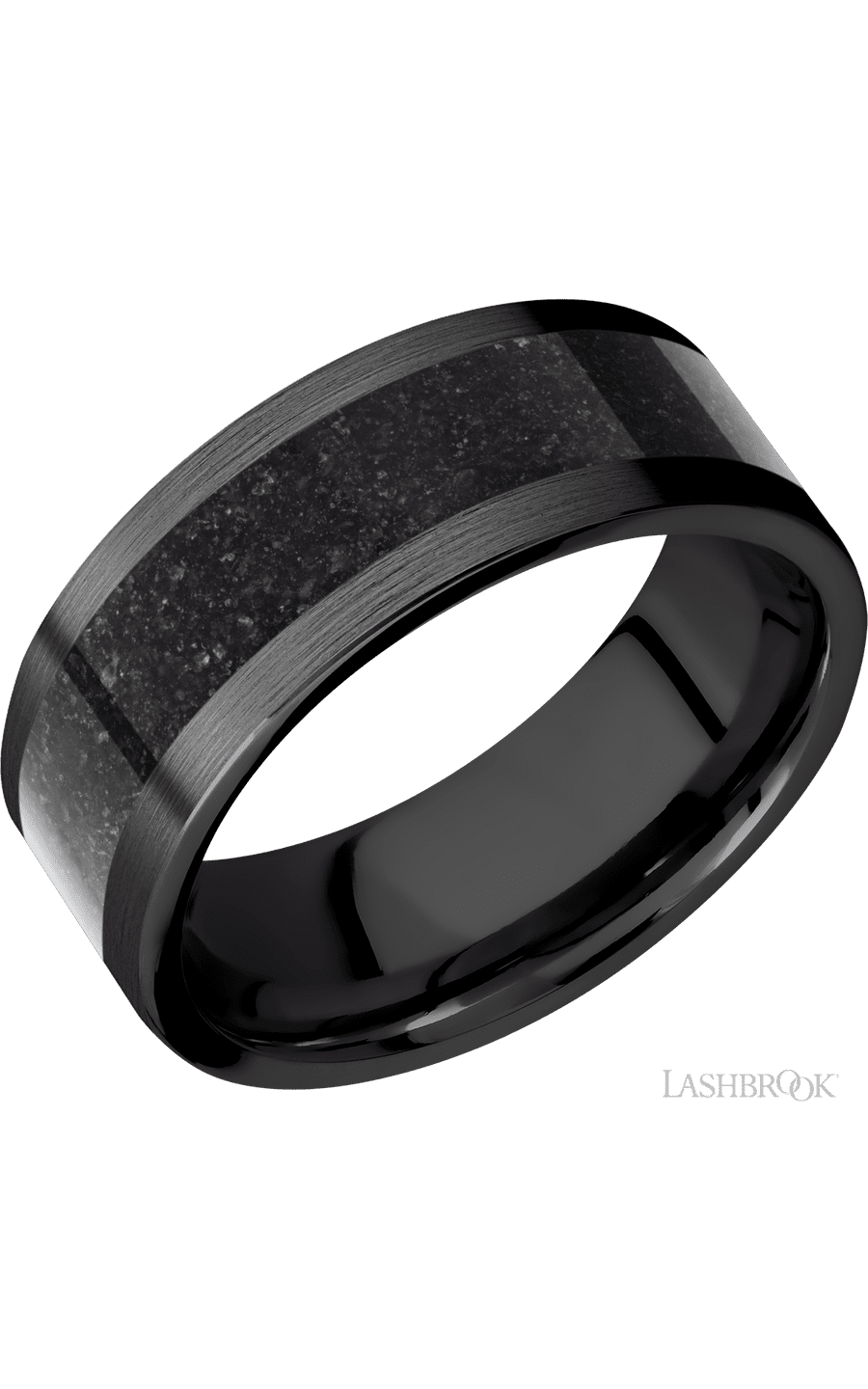 8 mm wide/Flat/Zirconium band with one 5 mm Centered inlay of Dinosaur Bone Black.