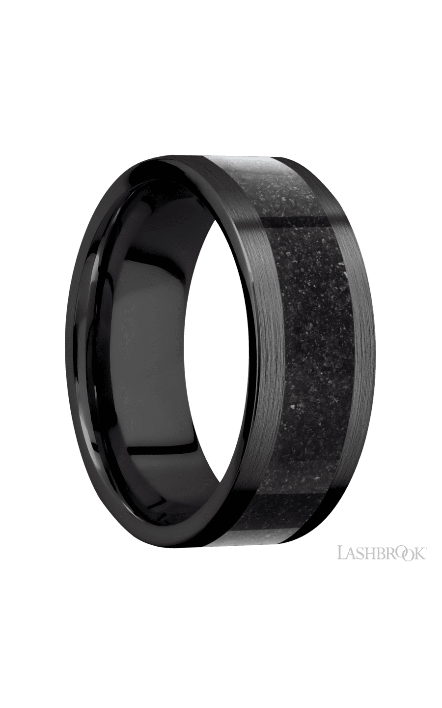 8 mm wide/Flat/Zirconium band with one 5 mm Centered inlay of Dinosaur Bone Black.