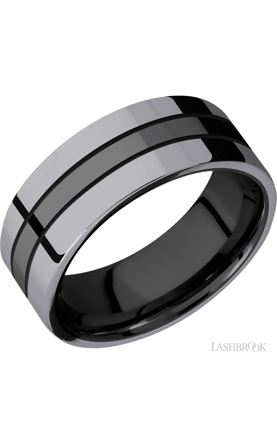 8 mm wide/Flat/Zirconium band with two 3 mm Double Off Center Edge inlays of Tantalum.