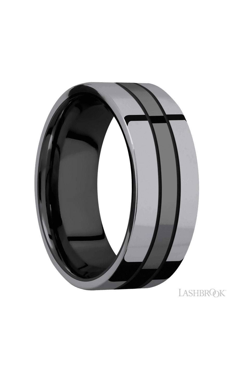 8 mm wide/Flat/Zirconium band with two 3 mm Double Off Center Edge inlays of Tantalum.