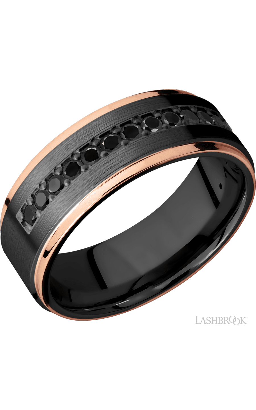 8 mm wide/Flat Grooved Edges/Zirconium band with a Half Eternity arrangement of .03 carat Round Black Diamond stones in a Bead setting and featuring two 1 mm Edge inlays of 14K Rose Gold