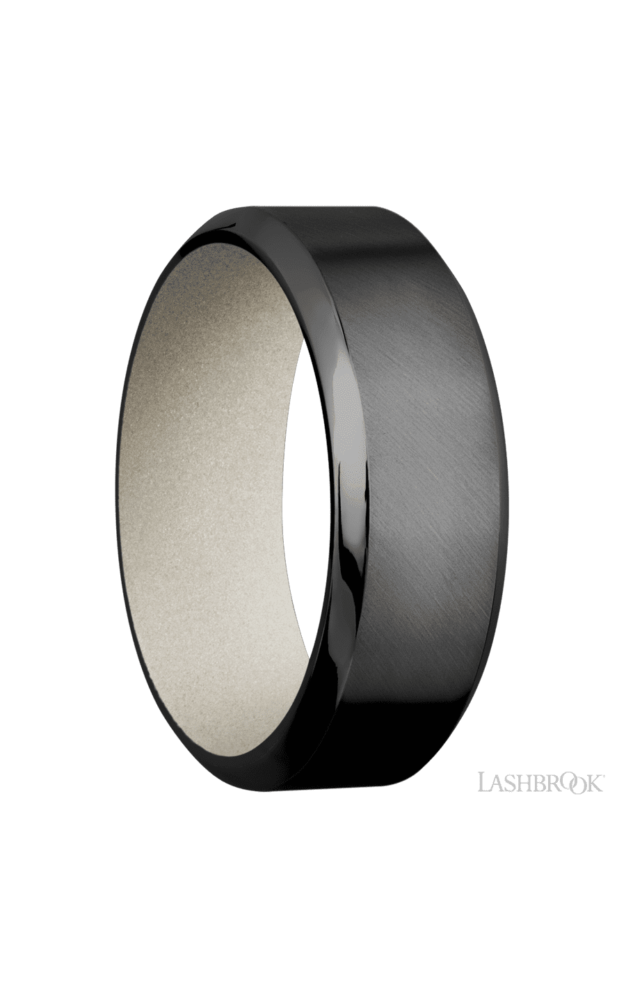 8 mm wide High Bevel Zirconium band featuring a Bright Nickel sleeve.