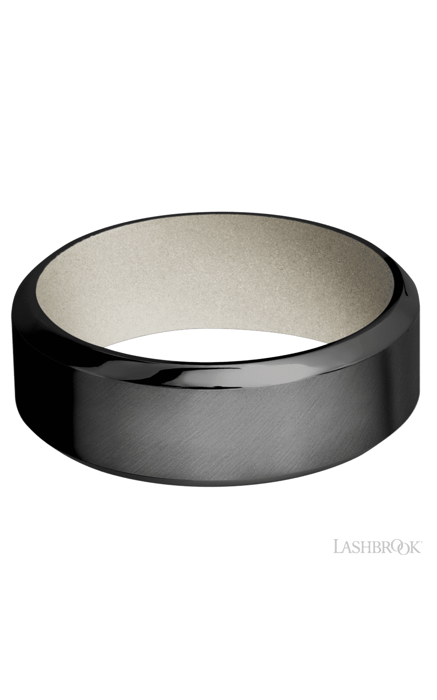 8 mm wide High Bevel Zirconium band featuring a Bright Nickel sleeve.