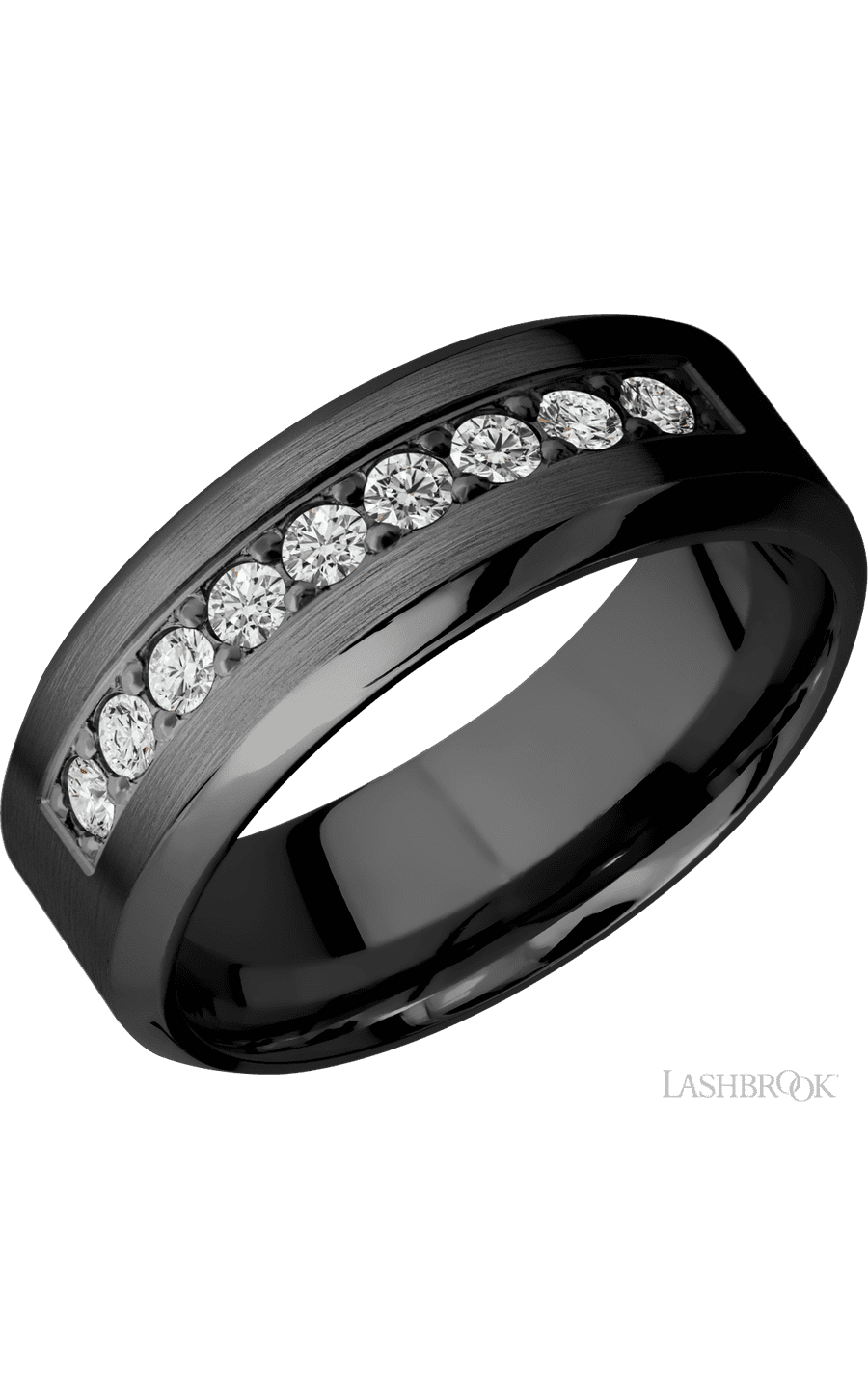8 mm wide/High Bevel/Zirconium band with an  arrangement of 9, .05 carat Round Diamond stones in a Bead setting.