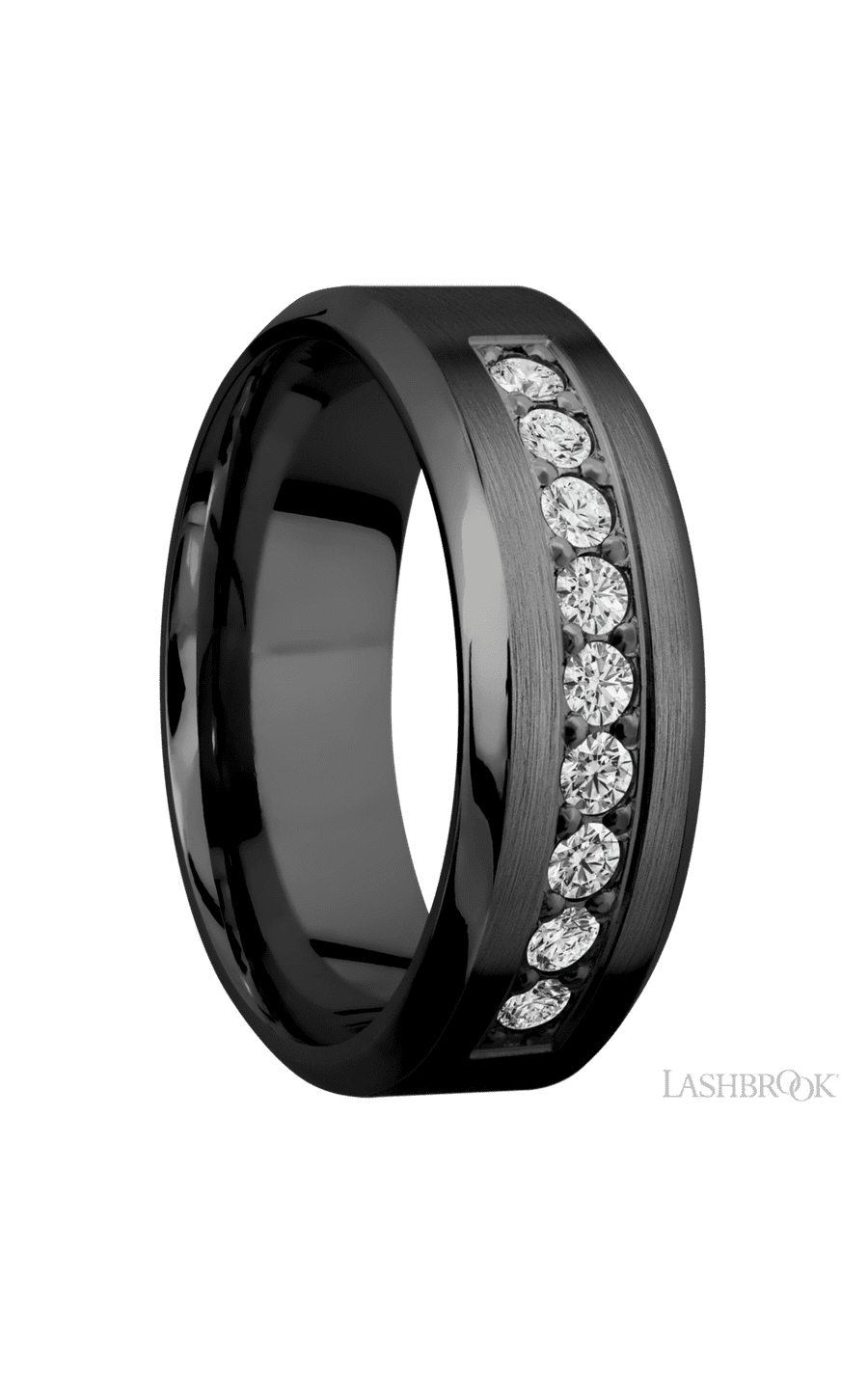 8 mm wide/High Bevel/Zirconium band with an  arrangement of 9, .05 carat Round Diamond stones in a Bead setting.