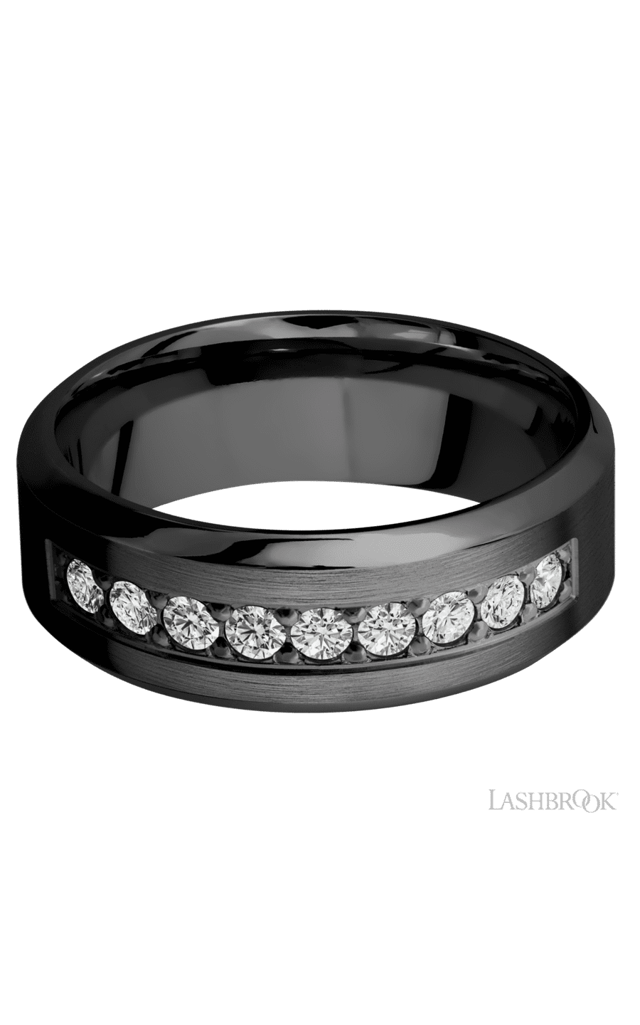 8 mm wide/High Bevel/Zirconium band with an  arrangement of 9, .05 carat Round Diamond stones in a Bead setting.