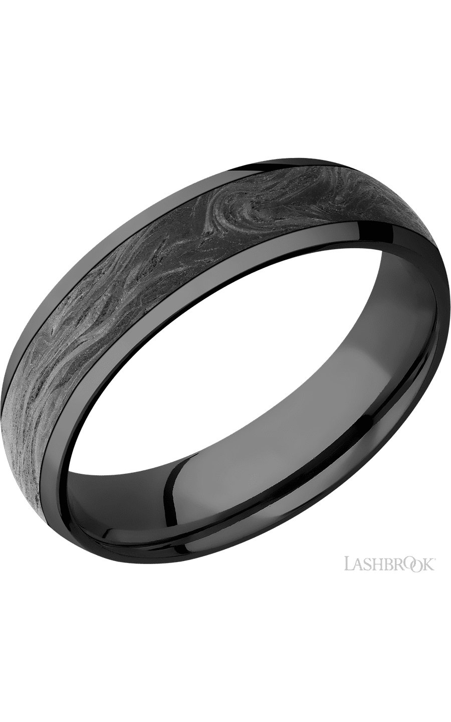6 mm wide/Domed/Zirconium band with one 4 mm Centered inlay of Forged Carbon Fiber.