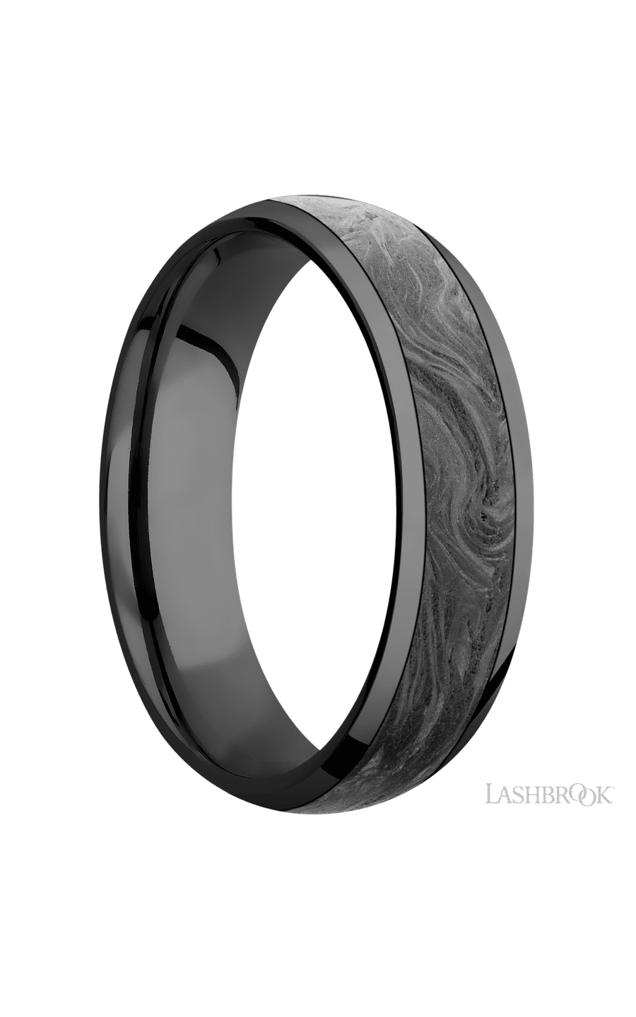 6 mm wide/Domed/Zirconium band with one 4 mm Centered inlay of Forged Carbon Fiber.