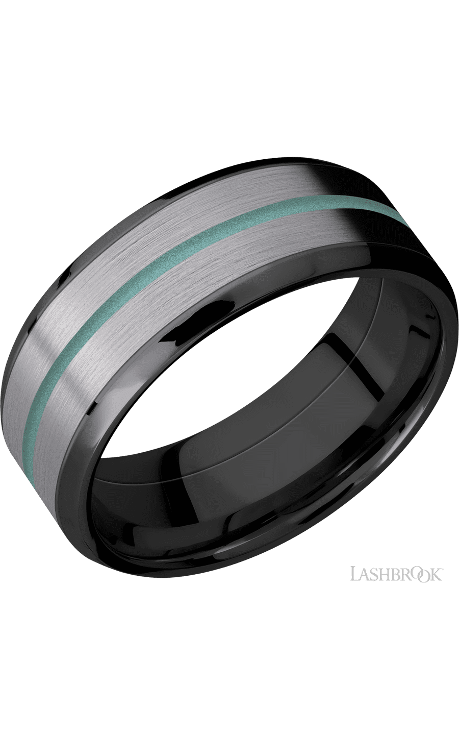 8 mm wide/Beveled/Zirconium band featuring inlays of Tantalum and Polar Blue.