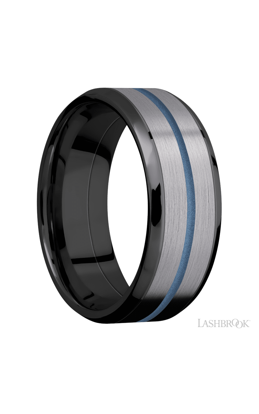 8 mm wide/Beveled/Zirconium band featuring inlays of Tantalum and Polar Blue.