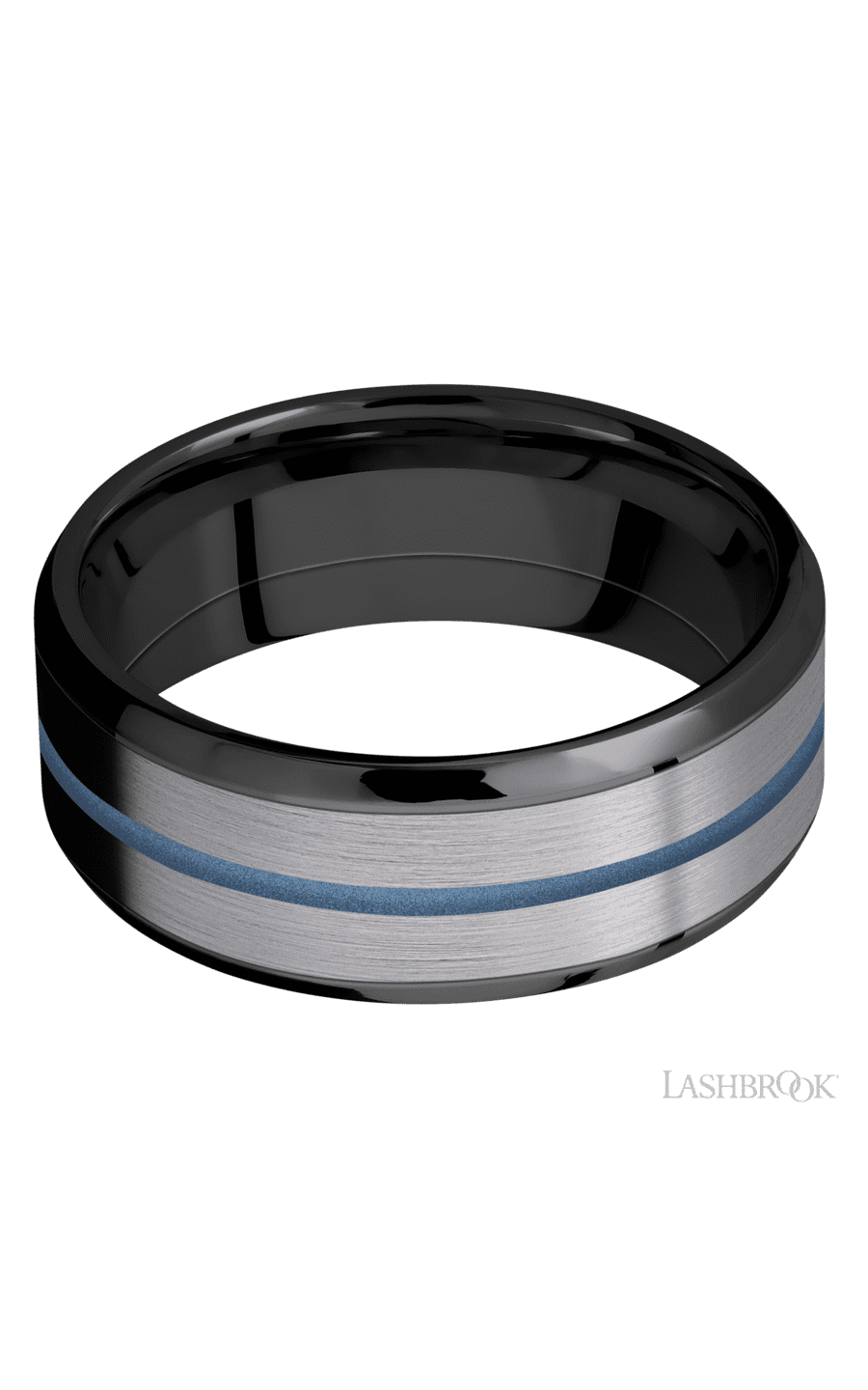 8 mm wide/Beveled/Zirconium band featuring inlays of Tantalum and Polar Blue.