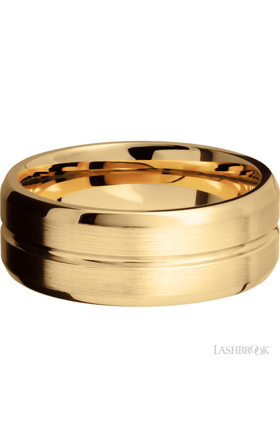 8 mm wide Beveled with Center Accent Groove 14K Yellow Gold band.