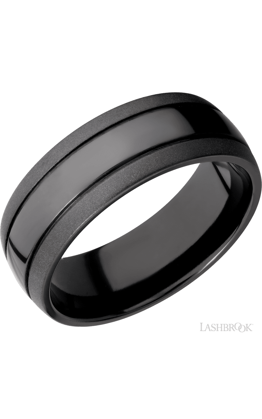 8 mm wide Domed with two accent grooves Zirconium band.