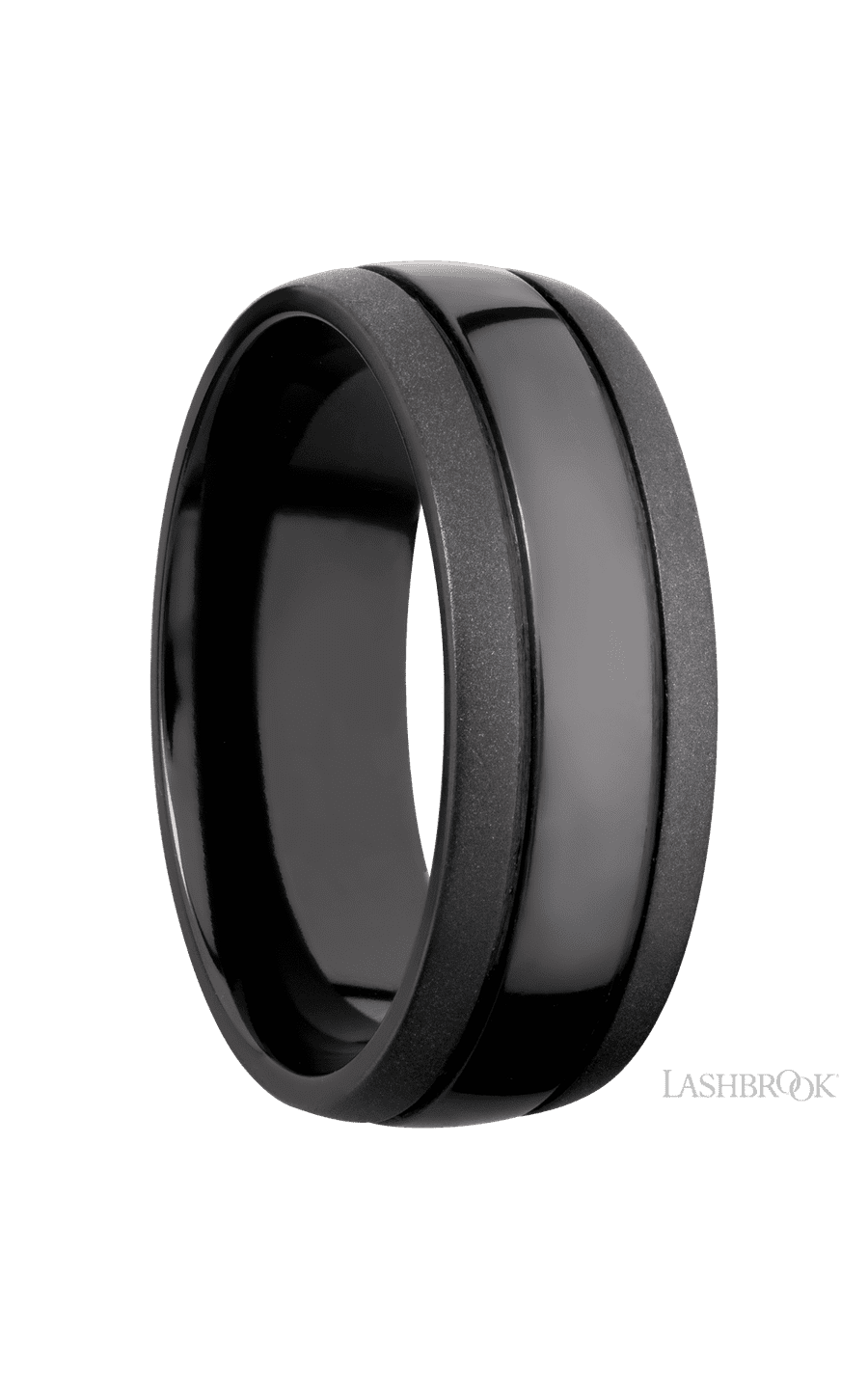 8 mm wide Domed with two accent grooves Zirconium band.