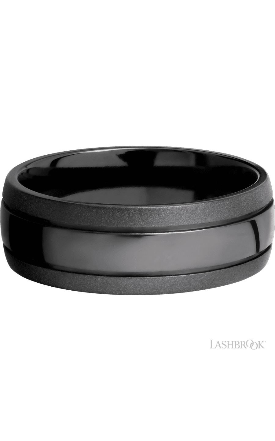 8 mm wide Domed with two accent grooves Zirconium band.