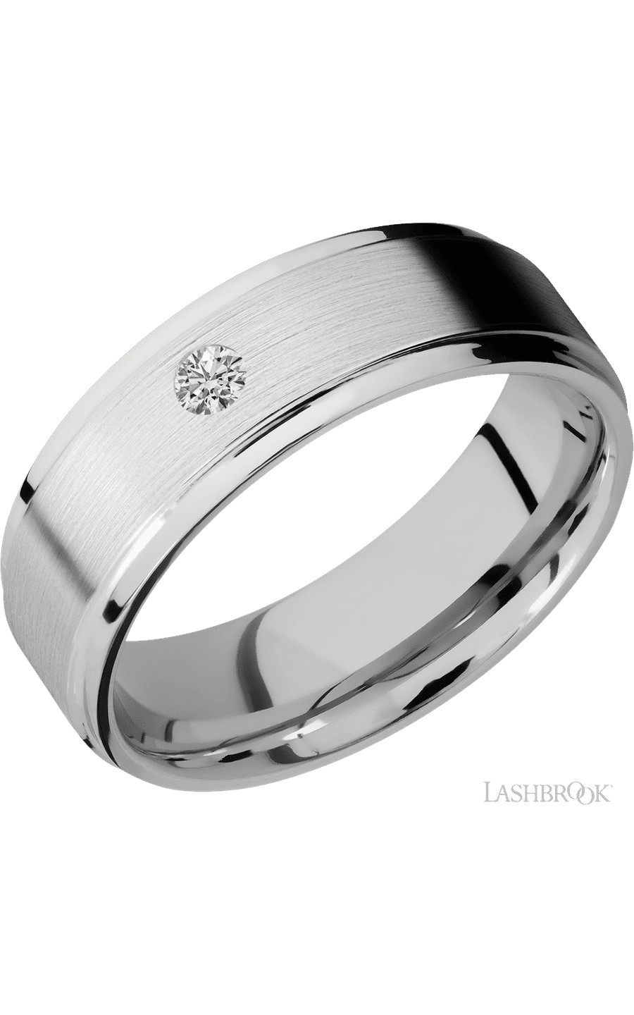 7 mm wide/Flat Grooved Edges/14K White Gold band with an  arrangement of 1, .1 carat Round Diamond stones in a Flush setting.