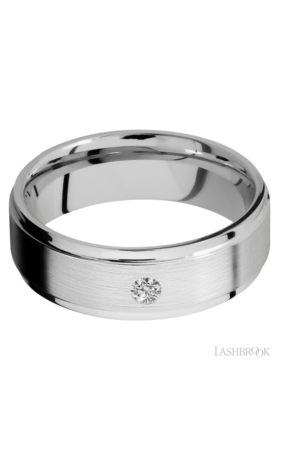 7 mm wide/Flat Grooved Edges/14K White Gold band with an  arrangement of 1, .1 carat Round Diamond stones in a Flush setting.
