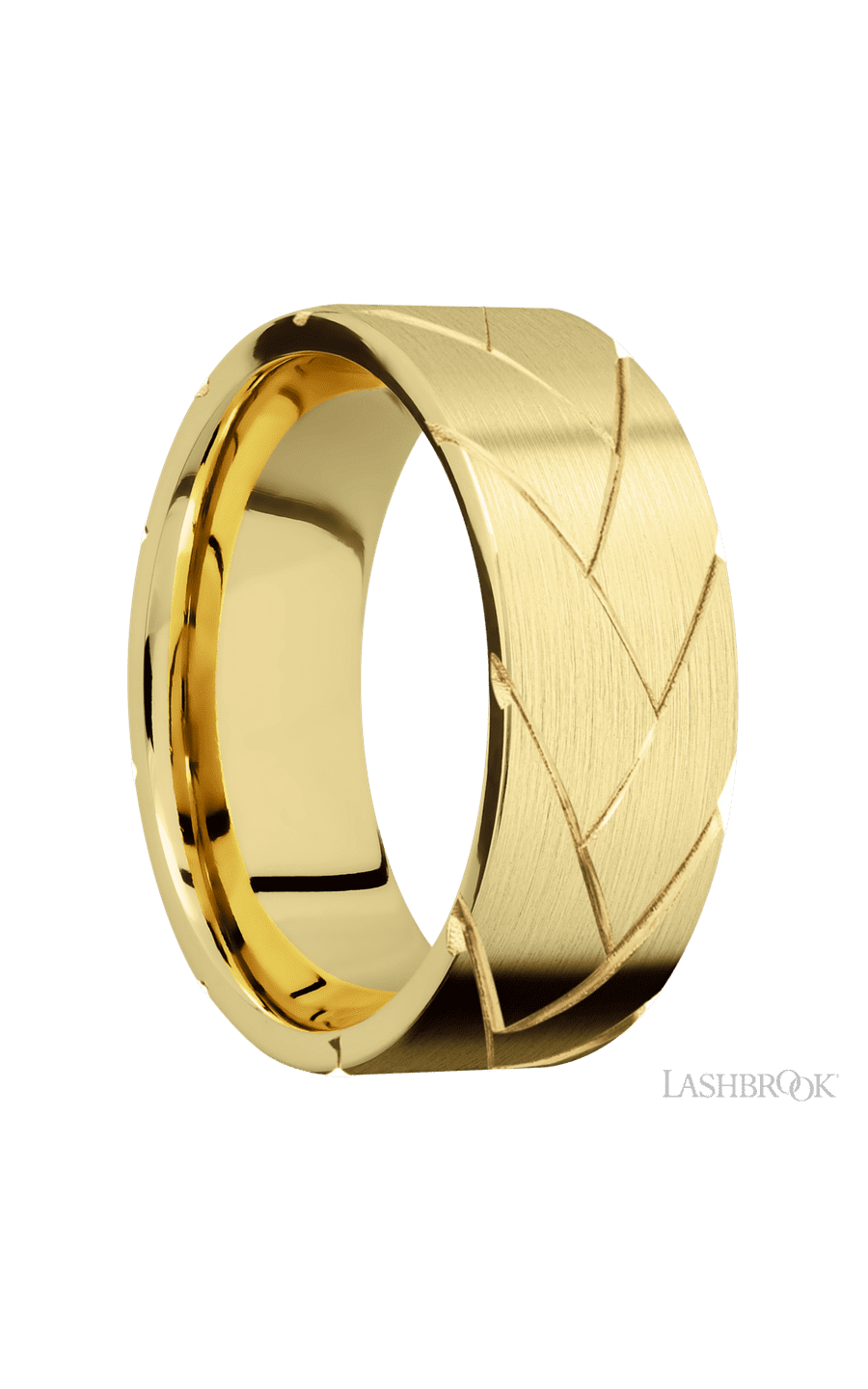 8 mm wide/Flat/14K Yellow Gold band with a machined Flatbraid pattern.
